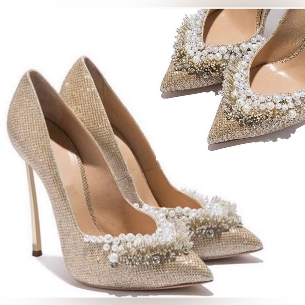 Casadei gold glitter stiletto blade high heel pumps 10 pearl beads rhinestones